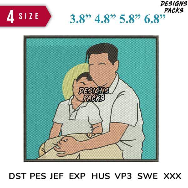 Father holding child embroidery design in 4 sizes, print-ready formats