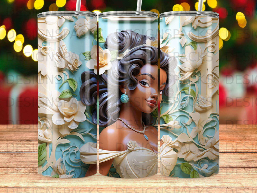 Woman with intricate floral patterns and jewelry on a patterned tumbler.