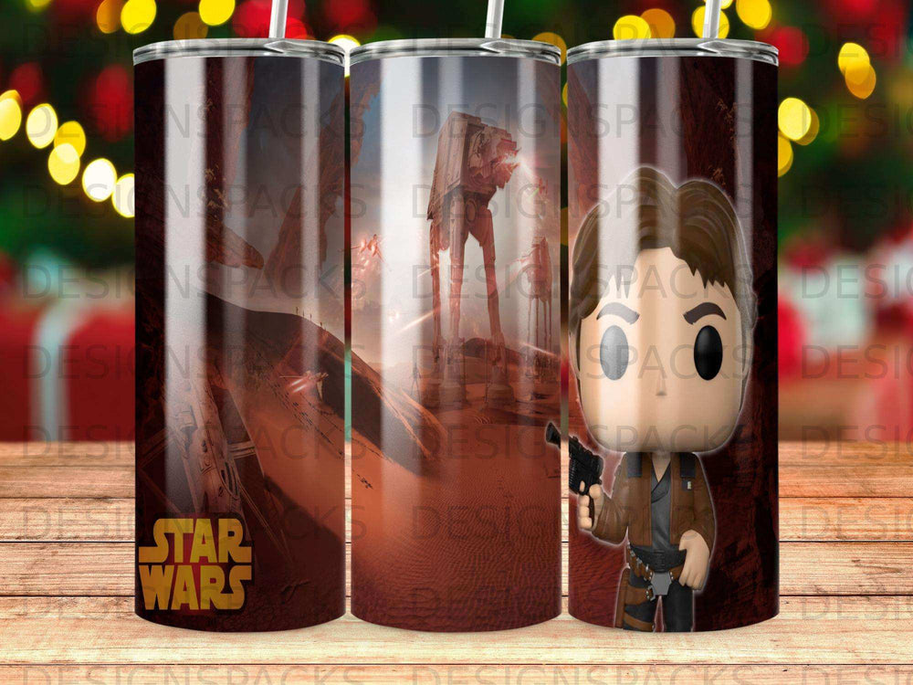 Star Wars Han Solo tumbler with desert landscape background.