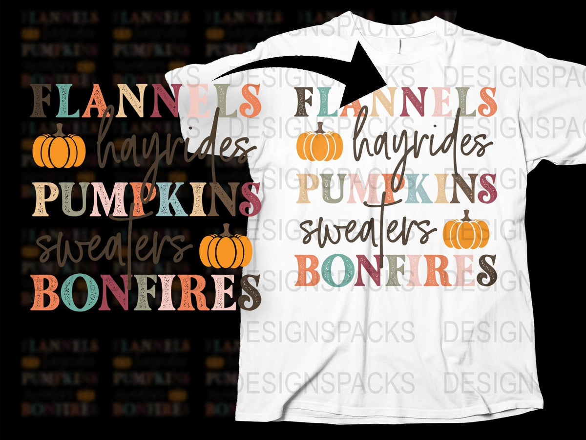 Autumn Festive T-Shirt, Flannels Pumpkins Bonfires Design, Fall Season Graphic Tee, Unisex Casual Wear