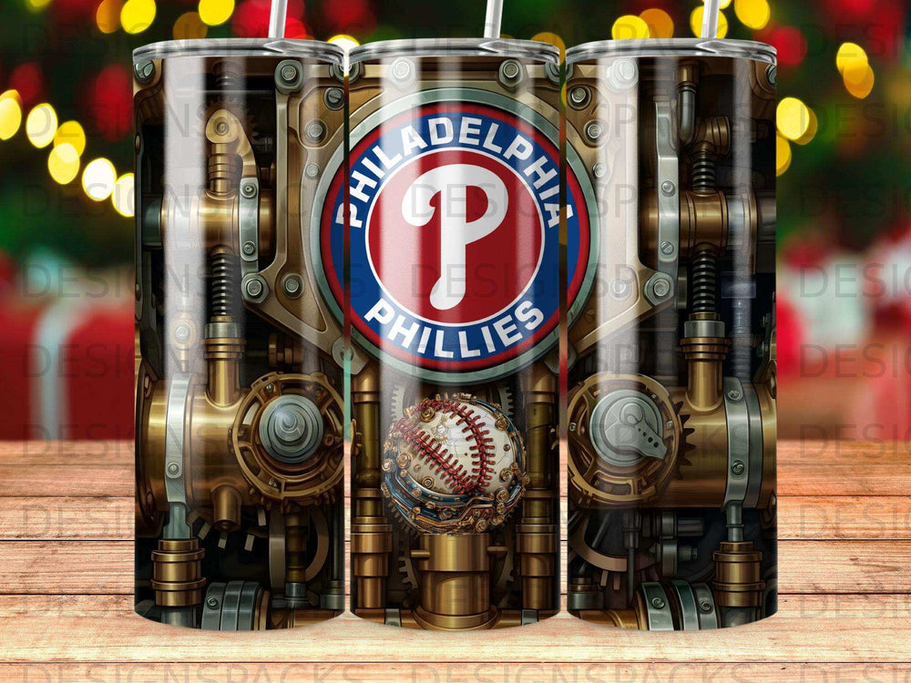 Philadelphia Phillies steampunk-themed tumbler with baseball accent.