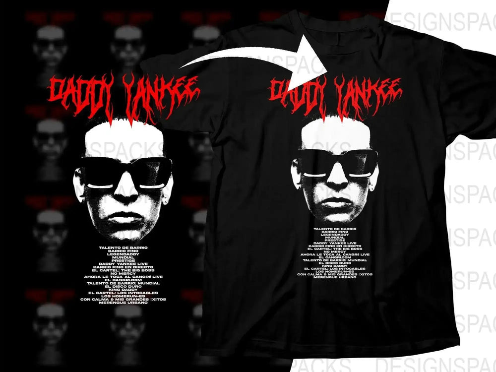 Daddy Yankee t-shirt design with bold red text and black-and-white portrait, print-ready for DTG/DTF
