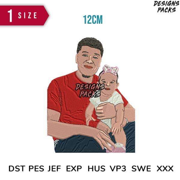 Embroidery design of dad holding baby girl, 12cm size, compatible with DST PES JEF formats for instant download
