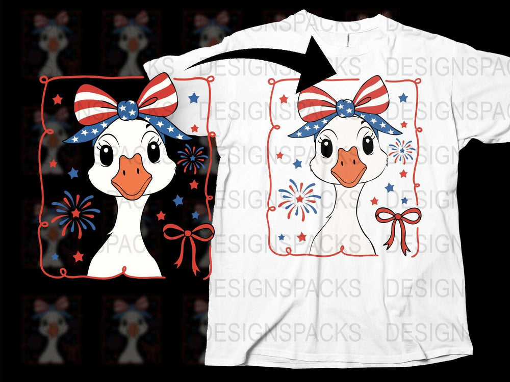 Patriotic Duck T-Shirt, Cute Cartoon Duck with American Flag Bandana, Red White Blue, Fireworks Pattern, Kids and Adults Sizes Available