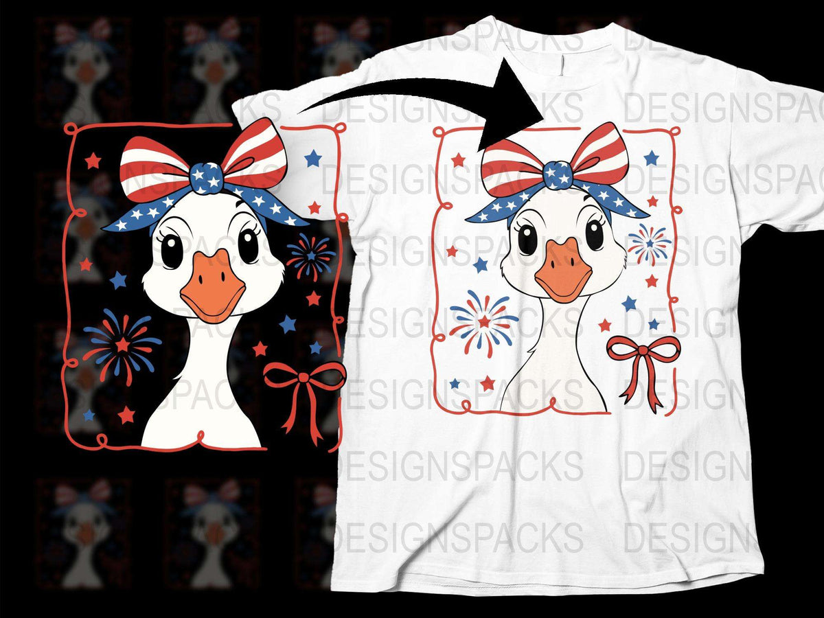 Patriotic Duck T-Shirt, Cute Cartoon Duck with American Flag Bandana, Red White Blue, Fireworks Pattern, Kids and Adults Sizes Available