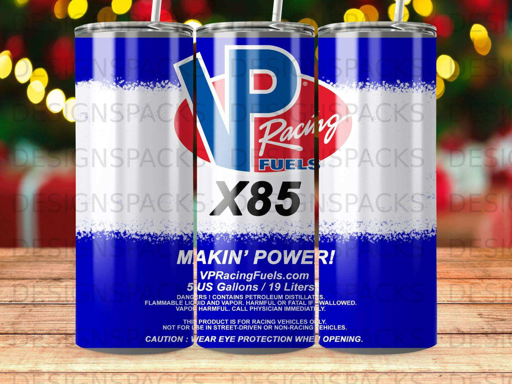 VP Racing Fuels X85 five-gallon gas can with warning labels.
