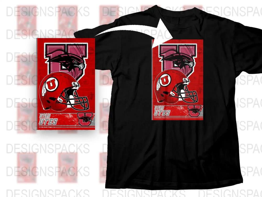 Graphic T-Shirt Utah Utes Football Helmet Design, Red and Black Sports Tee, Fan Apparel Gift