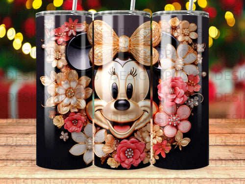 Minnie Mouse wearing a sparkly bow surrounded by floral accents.