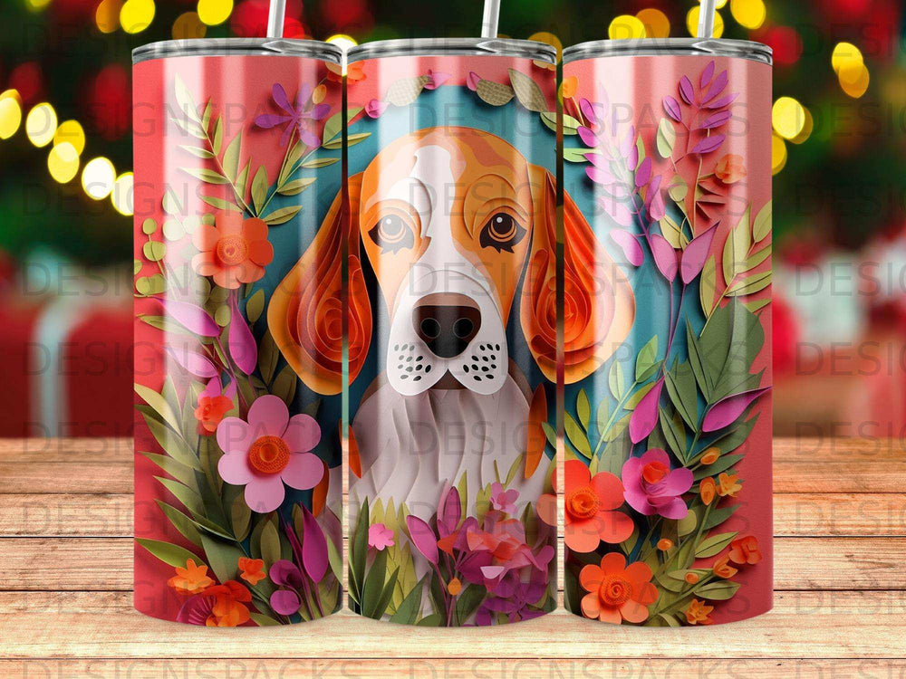 Beagle dog face surrounded by colorful flowers and foliage.