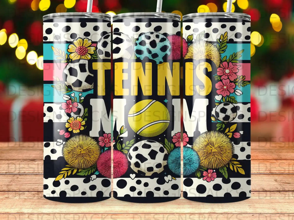 "Tennis Mom" text with floral and pom-pom graphics on a tumbler.