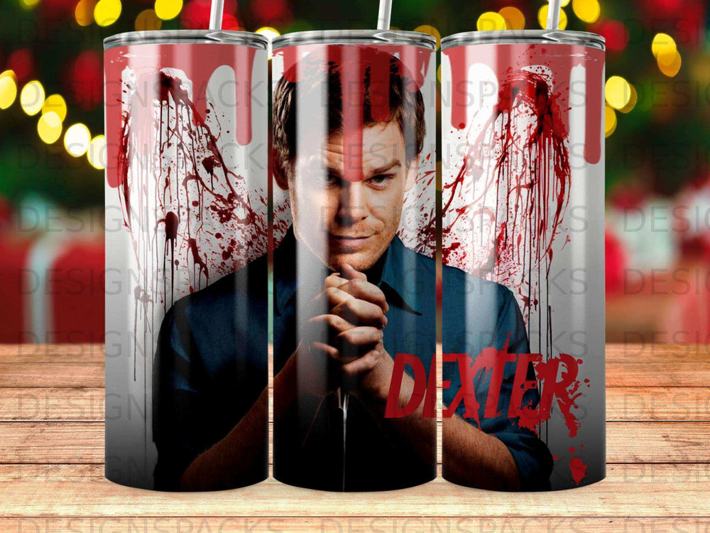 Dexter Morgan holding bloody knife, framed by red blood splatters.