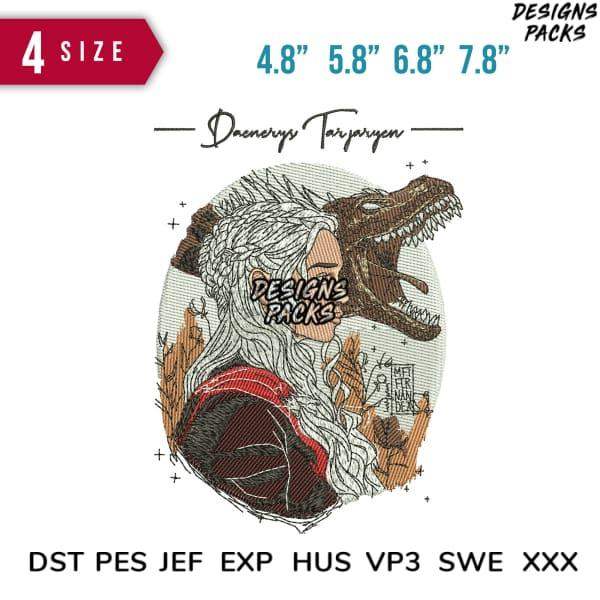 Daenerys Targaryen embroidery design with dragon, available in multiple sizes and formats