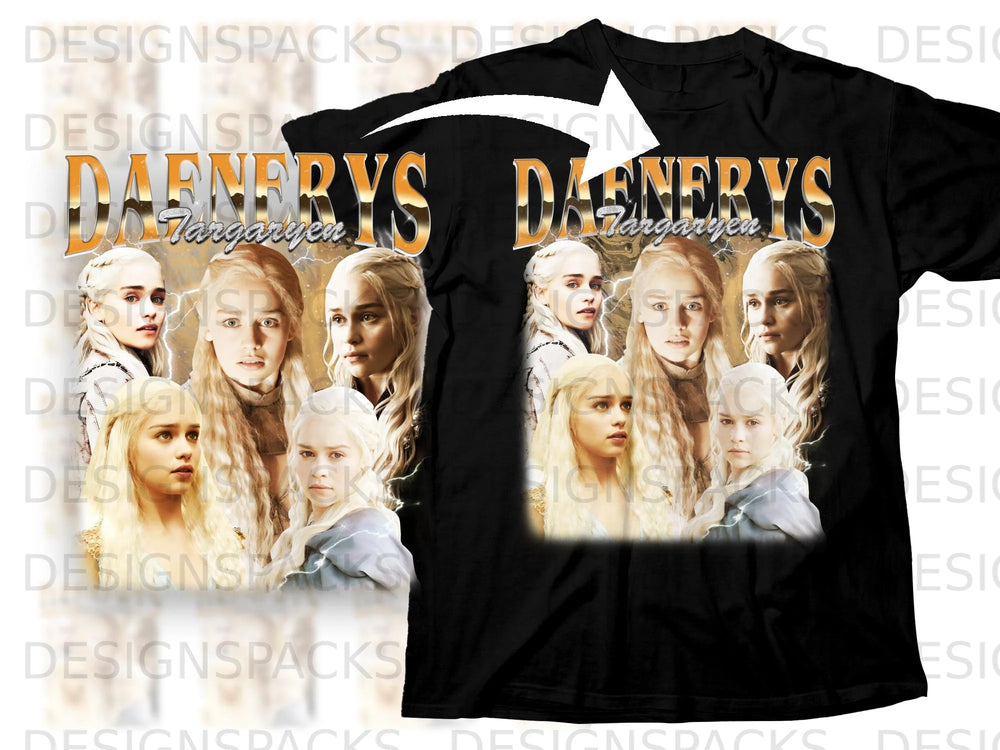 Daenerys Targaryen montage on a black t-shirt with lightning accents.