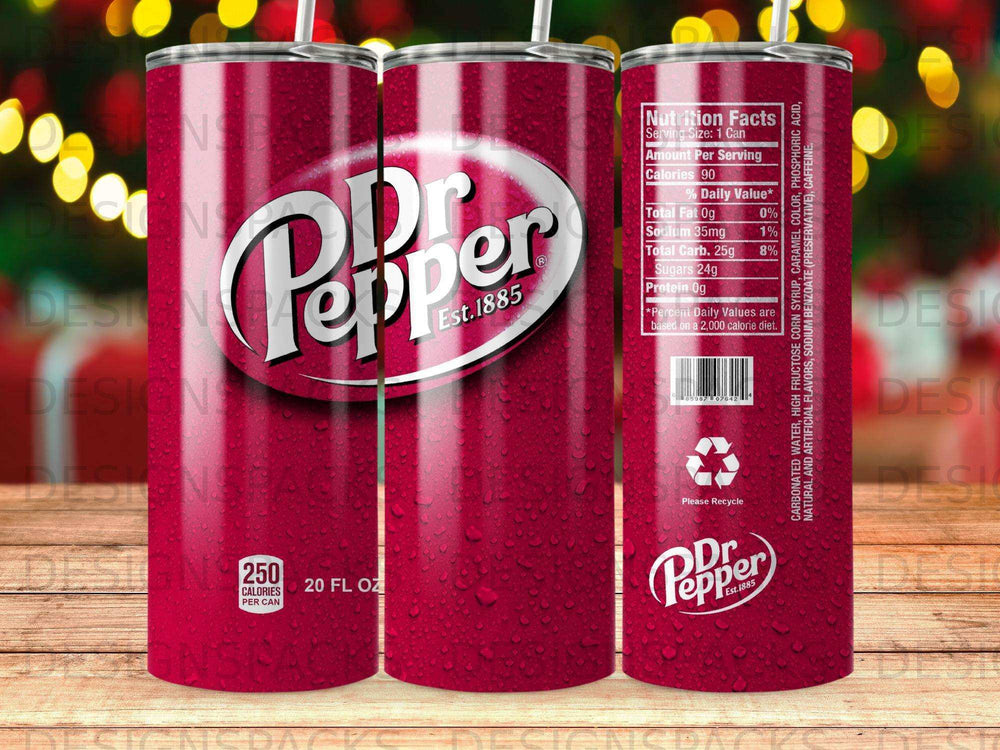 Dr Pepper 20 fl oz can with nutrition facts and ingredient list.