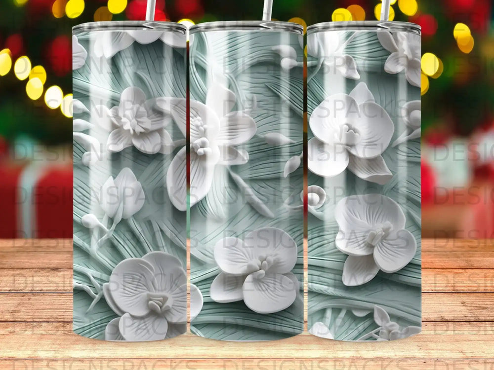 3D white orchids on a pale green textured background.