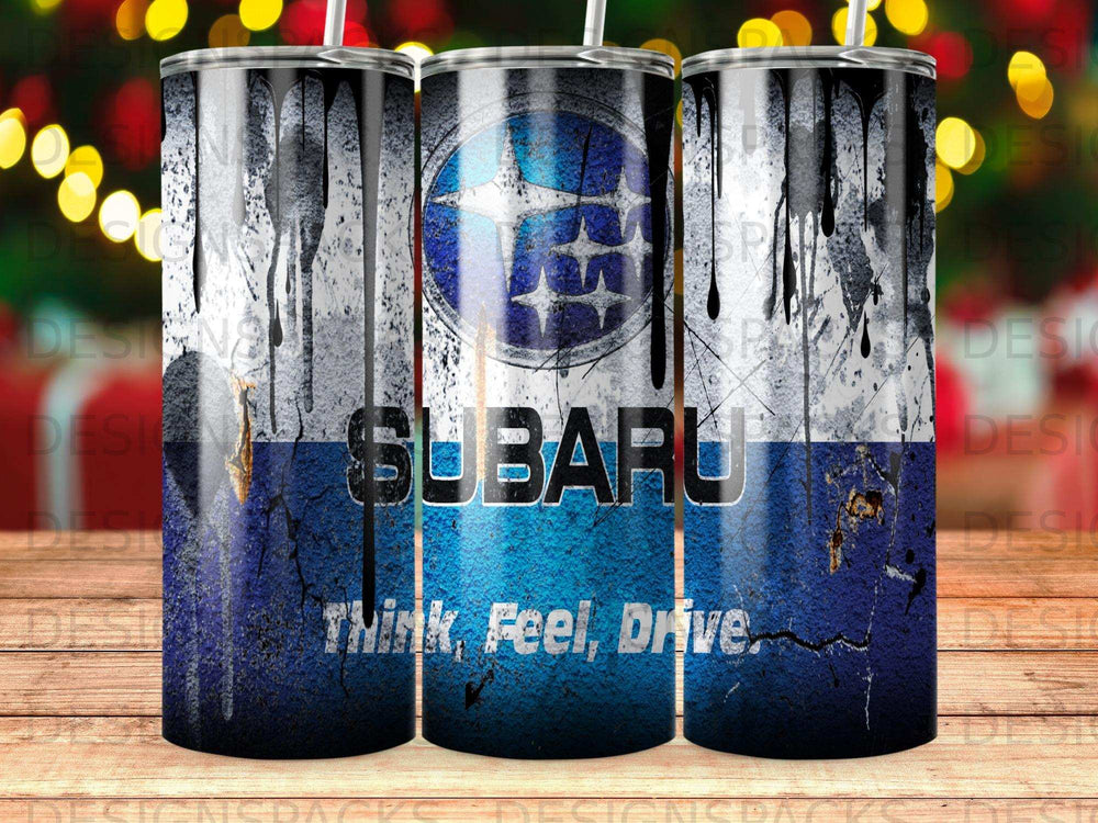Subaru logo with dripping paint effect and "Think, Feel, Drive" slogan.