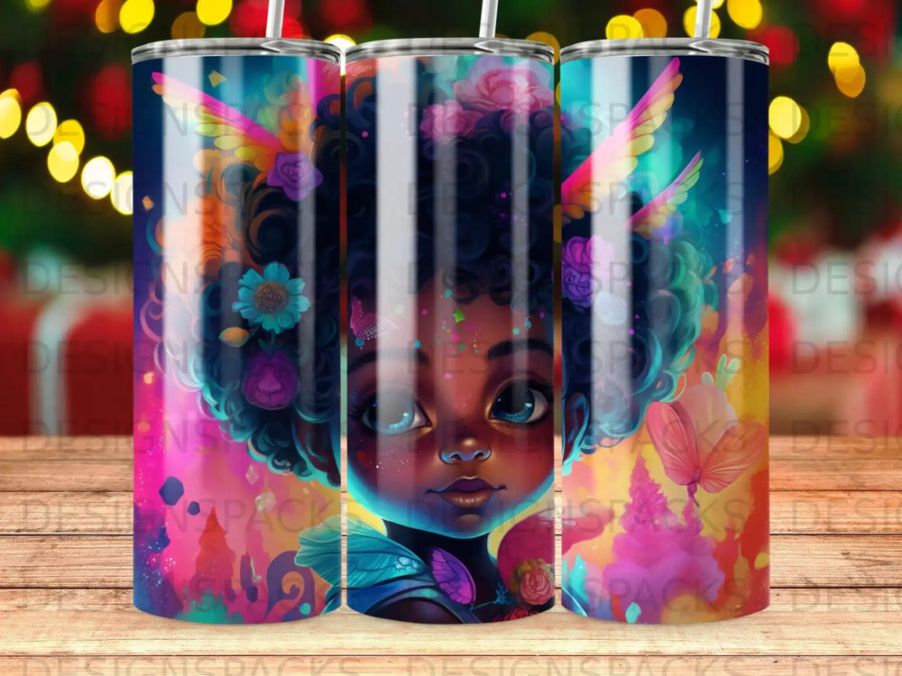 Colorful tumbler with fairy-winged girl and butterflies.