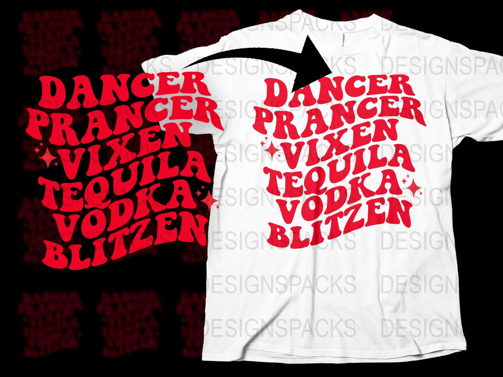 Reindeer Names Holiday T-Shirt, Christmas Party, Dancer Prancer Vixen, Funny Christmas Tee, Unisex Red White Design