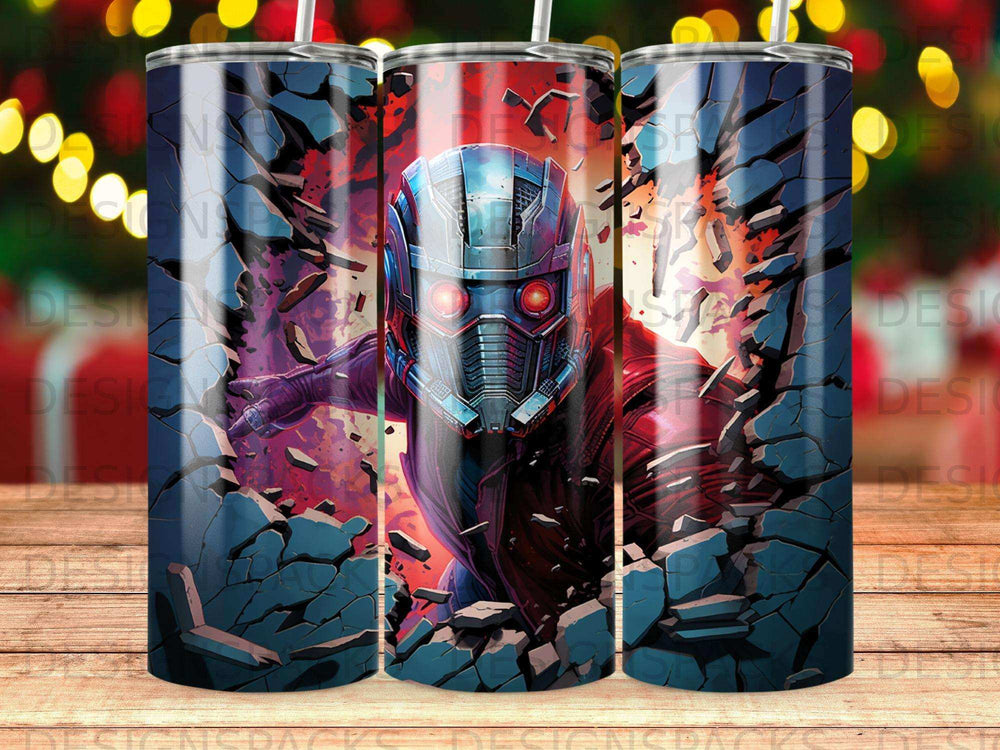 Star-Lord character bursting through a broken wall, superhero design.