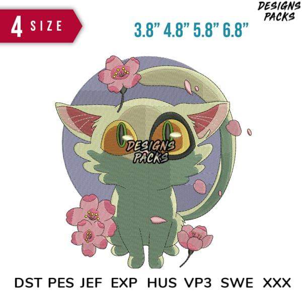 Cute green cat embroidery design with cherry blossoms, available in PES, DST, JEF formats for instant download