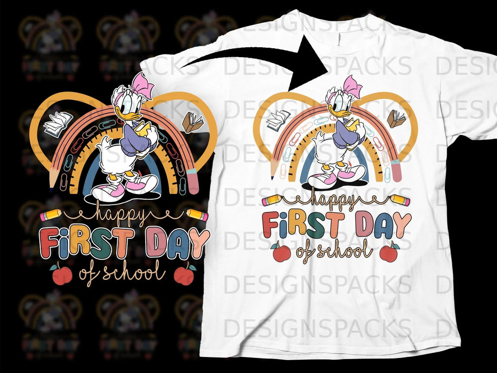 Daisy Duck with rainbow, books, and "Happy First Day of School" text.
