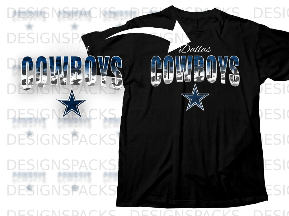 Black t-shirt with Dallas Cowboys text and star logo.