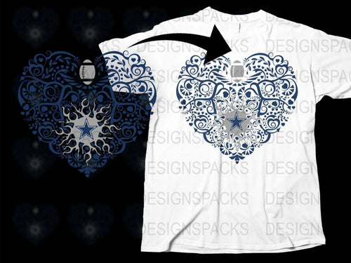 Ornate Heart T-Shirt, Blue and White Floral Design, Star Pattern, Elegant Unisex Top, Casual Wear