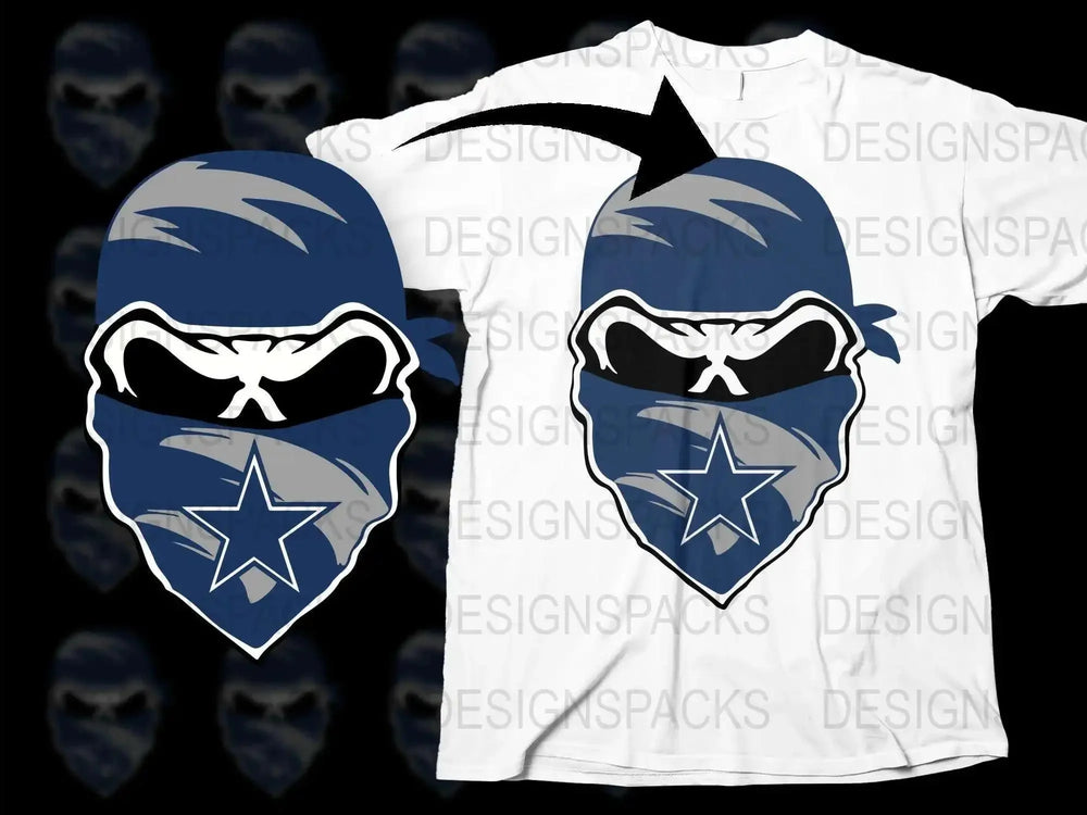 Graphic Ninja Star Mask Design T-Shirt, Blue and White Urban Style Tee, Cool Streetwear Top for Men and Women