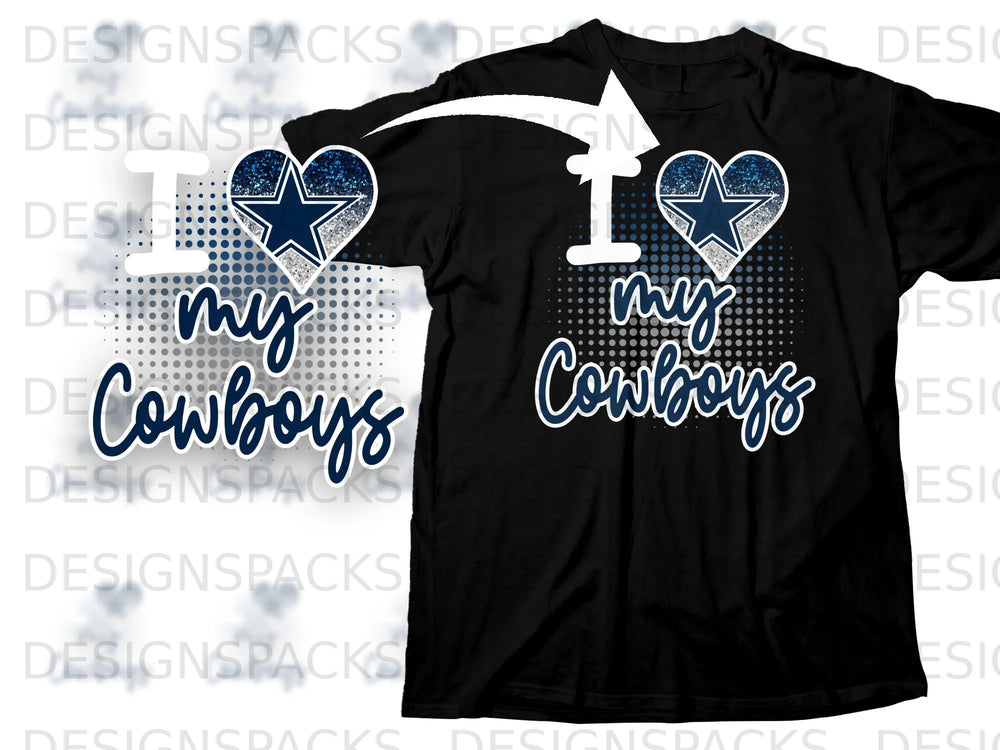 Dallas Cowboys "I love my Cowboys" graphic on a black t-shirt.