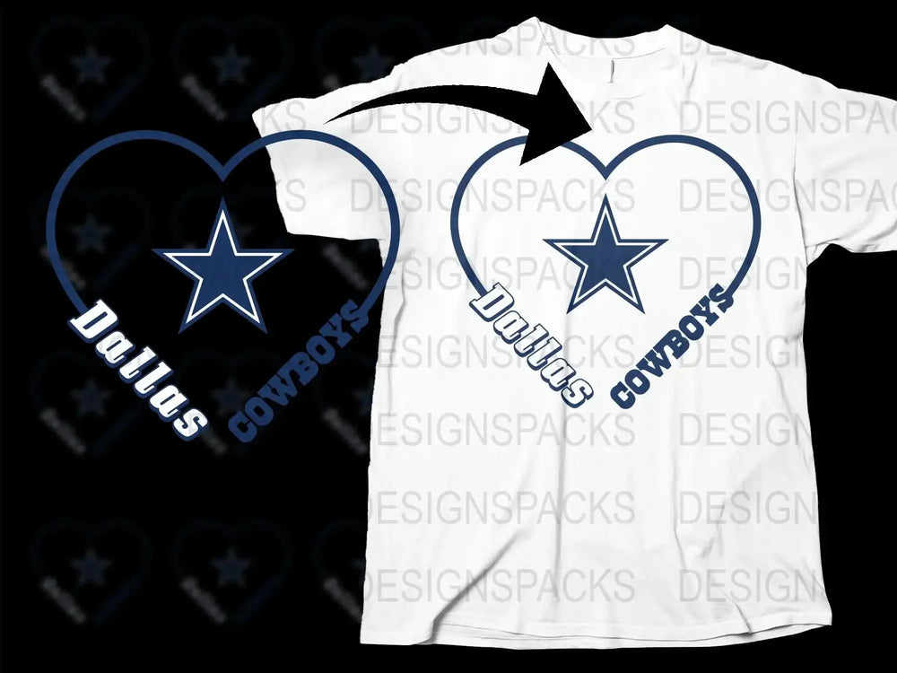 Dallas Themed T-Shirt, Star Logo Heart Design, Football Fan Apparel, Unisex White Tee