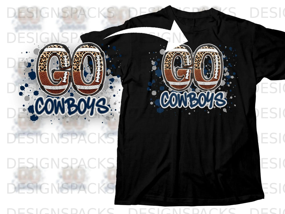 Black t-shirt with "GO COWBOYS" text in football and leopard print designs.