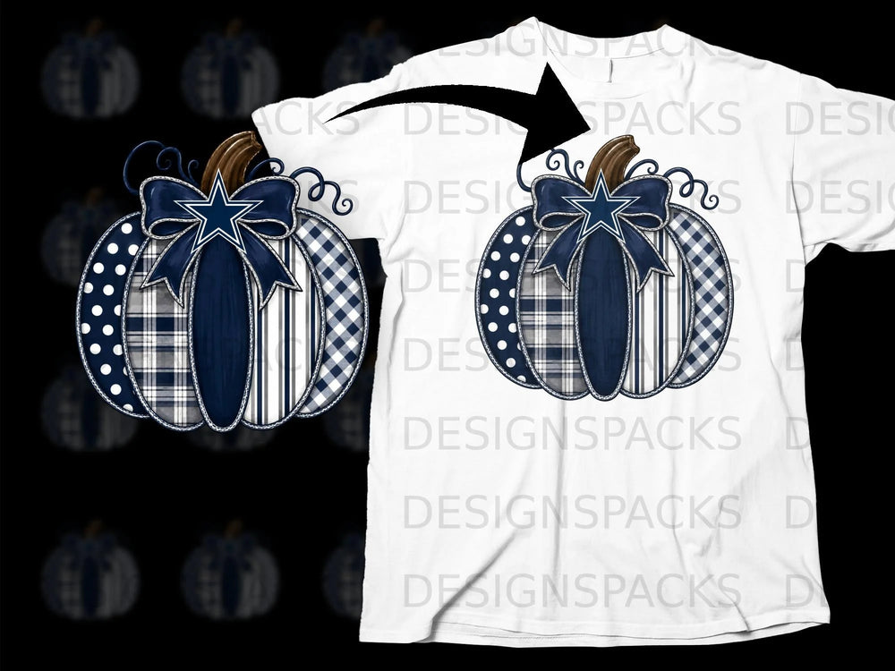 Patched pumpkin with bow and star on white t-shirt.