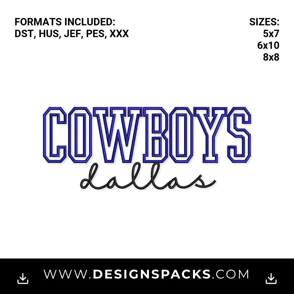 Dallas Cowboys Varsity Script Embroidery Design - Instant digital download pattern at Designspacks.com