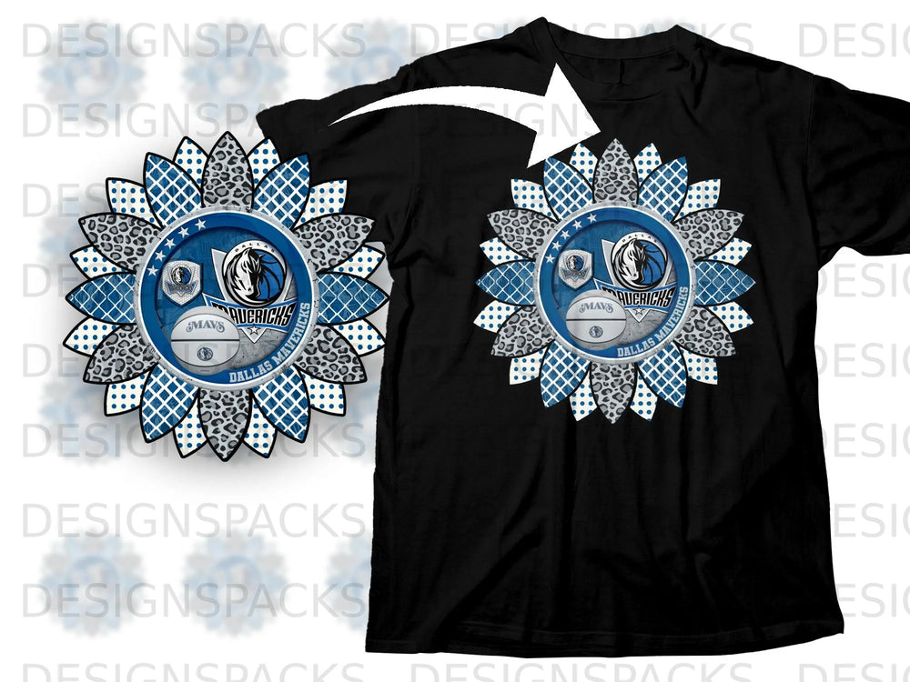 Dallas Mavericks sunflower design with basketball and leopard print on black shirt.