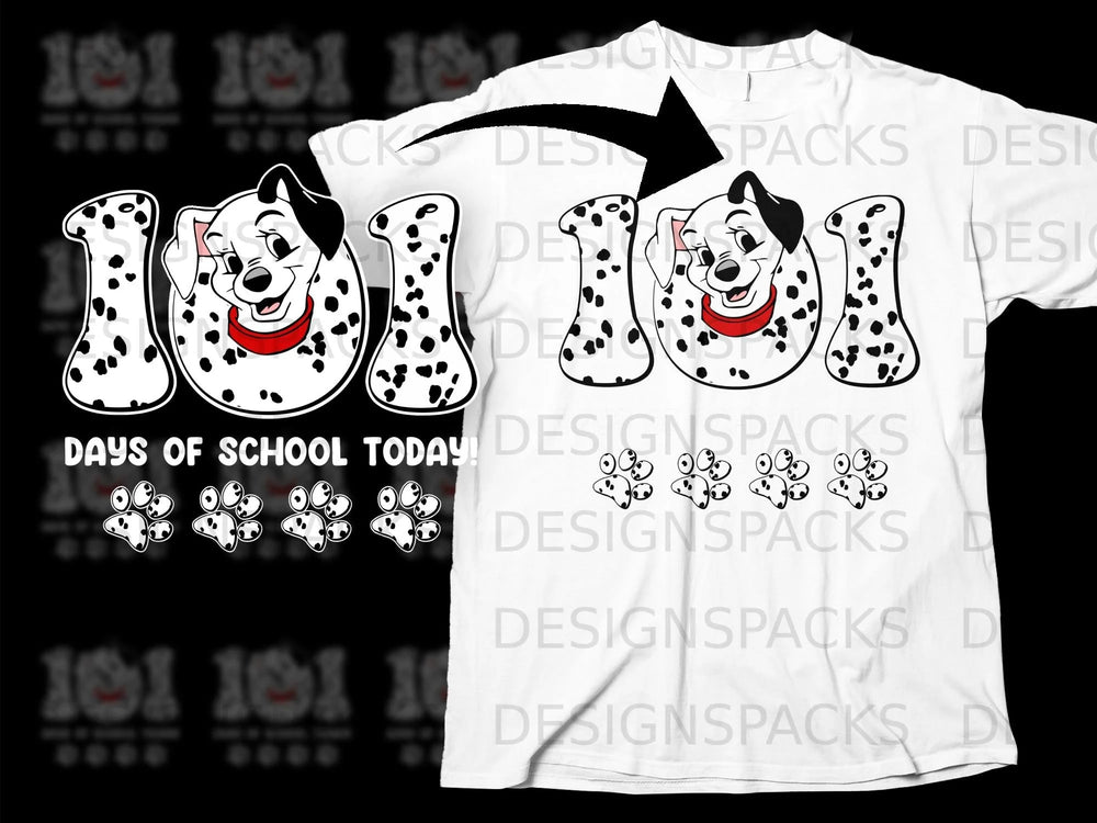 101 Dalmatians characters with text "Days of School Today!" and paw prints.