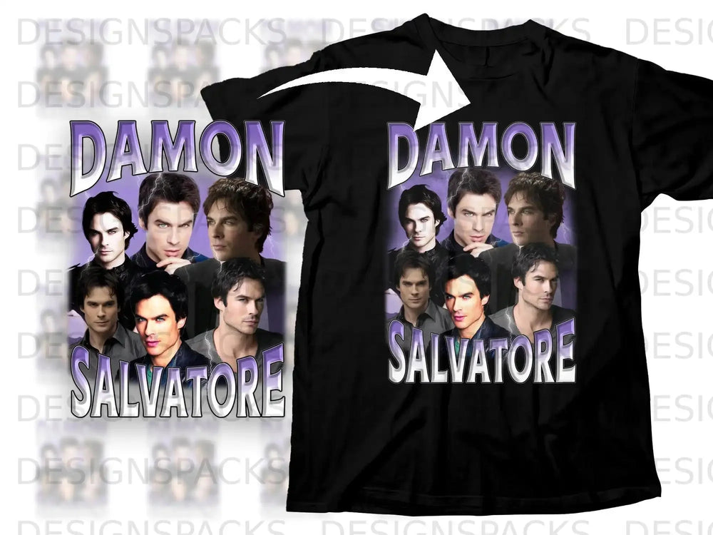 Black t-shirt with collage of Damon Salvatore from Vampire Diaries.