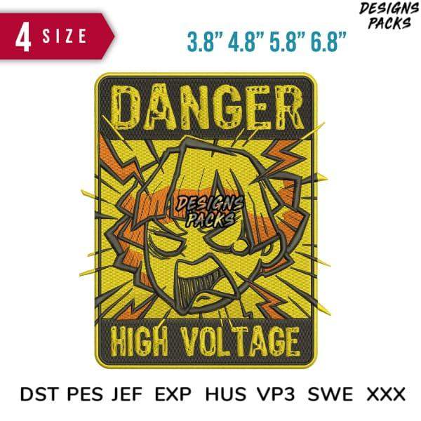 Danger High Voltage embroidery design in 4 sizes, print-ready formats for DTG, DTF, and tumbler wraps