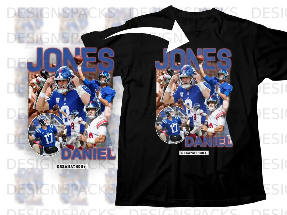 New York Giants football jersey with "Jones" and "17" on back, player images.