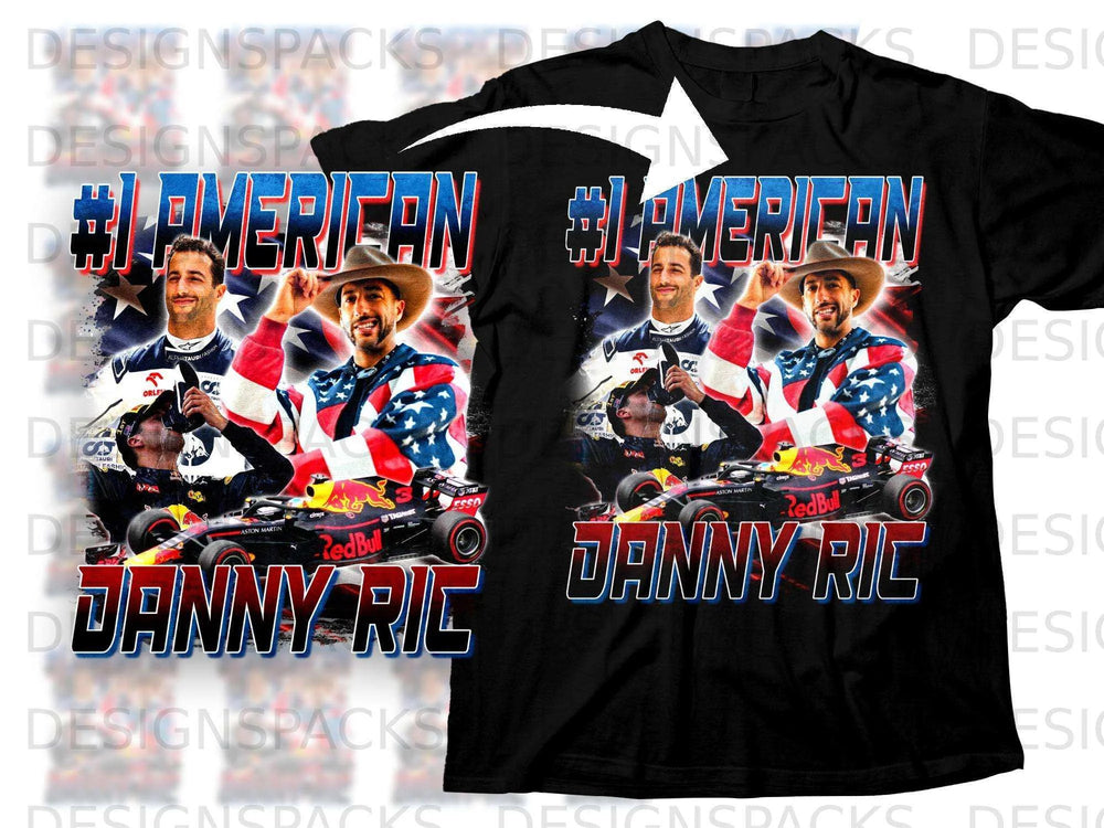 T-shirt with #IPMERIFAN graphic featuring Daniel Ricciardo and American flag elements.