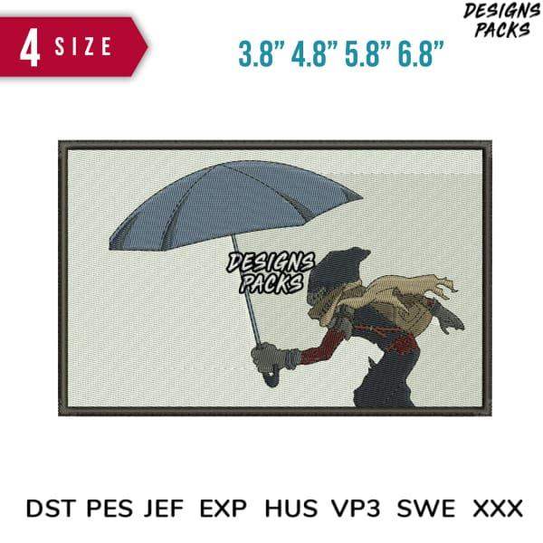 Embroidery design of scarecrow holding umbrella, available in 4 sizes & multiple formats like PES, DST, JEF