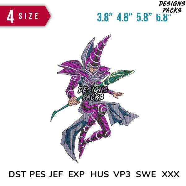 Purple wizard embroidery design in 4 sizes, compatible with DST PES JEF formats for machine stitching