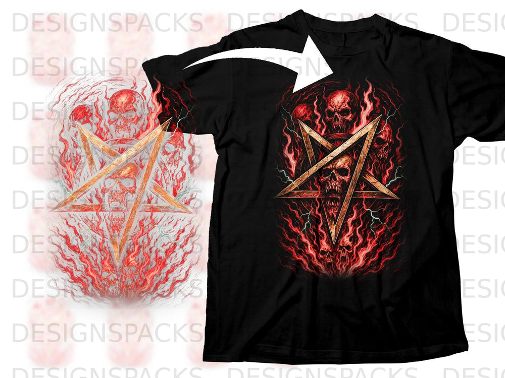 Black t-shirt with a fiery pentagram and skulls graphic design.