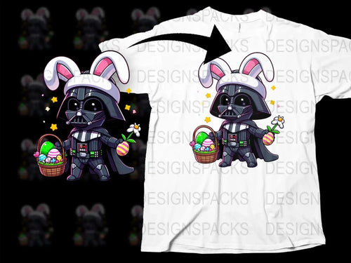 Darth Vader Easter bunny t-shirt design with basket of eggs and flower
