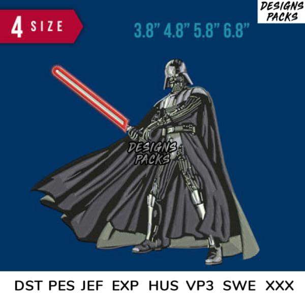 Darth Vader with red lightsaber, 4 sizes, embroidery formats DST PES JEF EXP HUS VP3 SWE XXX