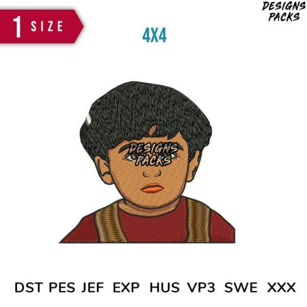 Embroidery design of boy with 'Designs Packs' text, 4x4 inch, DST PES JEF formats