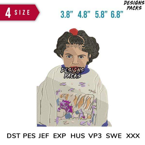 Embroidery design of Snow White in sweater, 4 sizes, DST PES JEF formats, print-ready for DTG/DTF