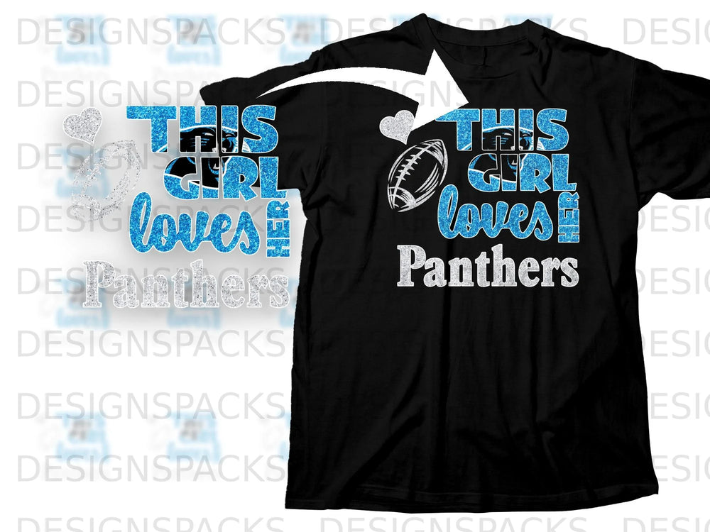 Black t-shirt with blue glitter text "This girl loves Panthers" and football.