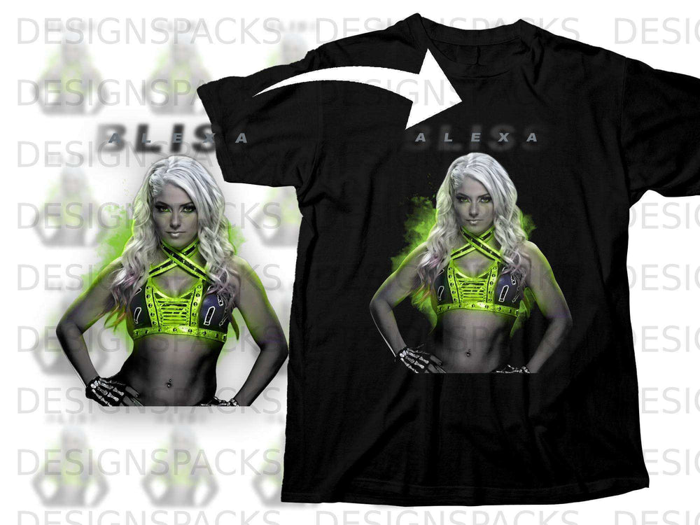Black t-shirt with Alexa Bliss wrestling graphic and neon green accents.