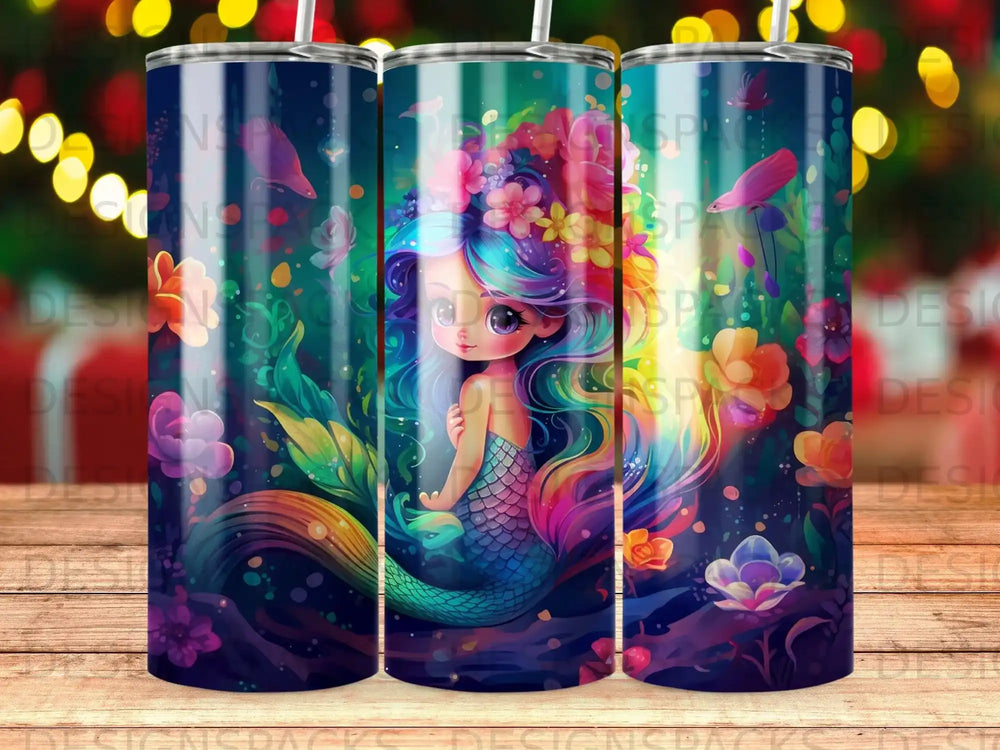 Mermaid with colorful hair and tail surrounded by flowers and leaves.