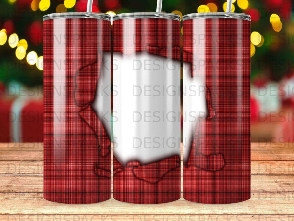 Three tumblers with a red plaid design and a ripped paper effect.